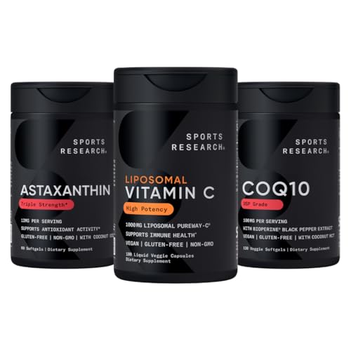 Pacchetto di supporto antiossidante per la ricerca sportiva® - Supplemento di vitamina C ad alta potenza 1000mg + Coenzima Q10 100mg + Astaxantina a tripla resistenza 12mg/Olio di cocco organico