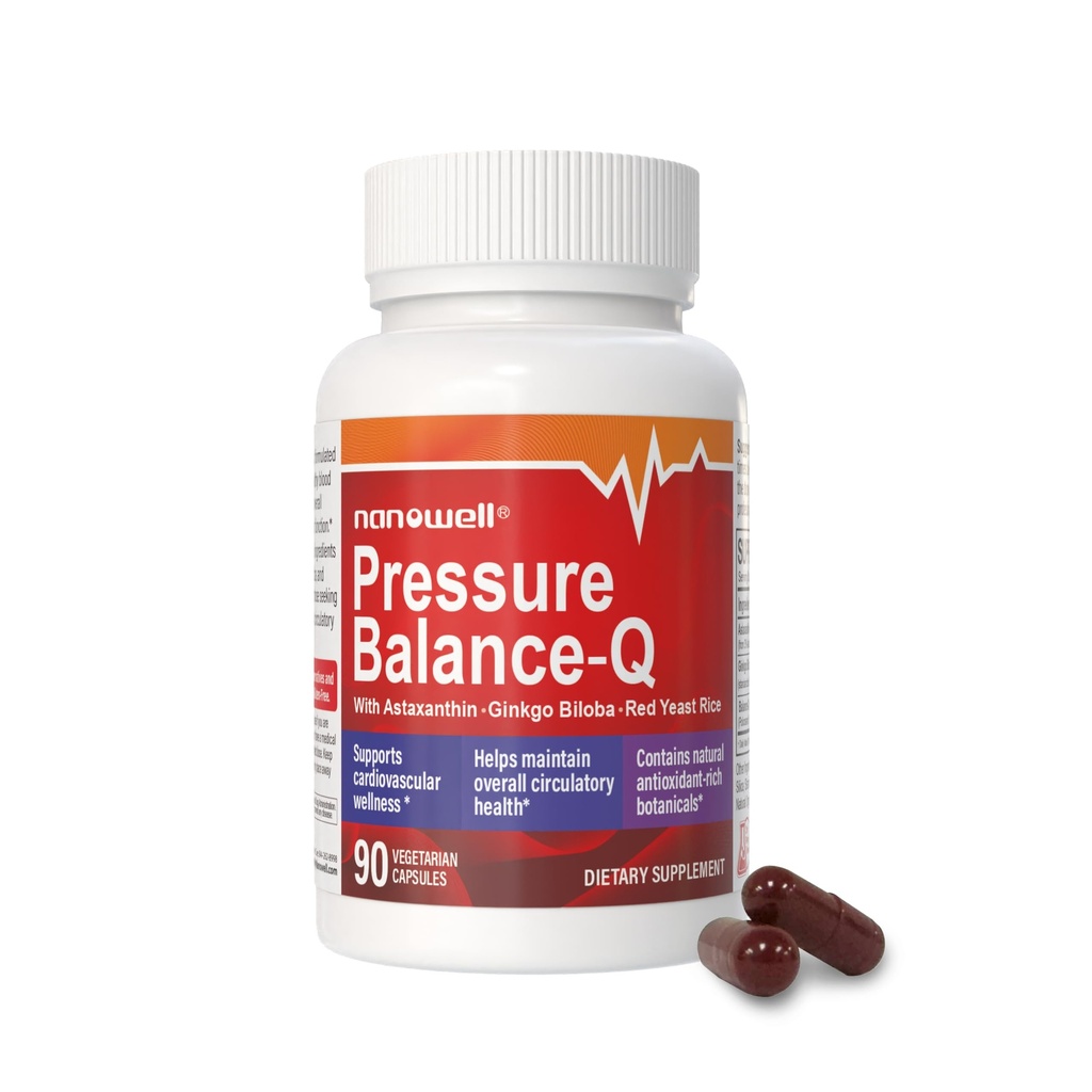 NANOWELL® Pressure Balance-Q | Formula antiossidante con naturale Astaxantina non OGM 12 mg per capsula, Ginkgo Biloba, Policosanolo, Riso di lievito rosso e Estratto di rosmarino | 90 capsule vegetariane