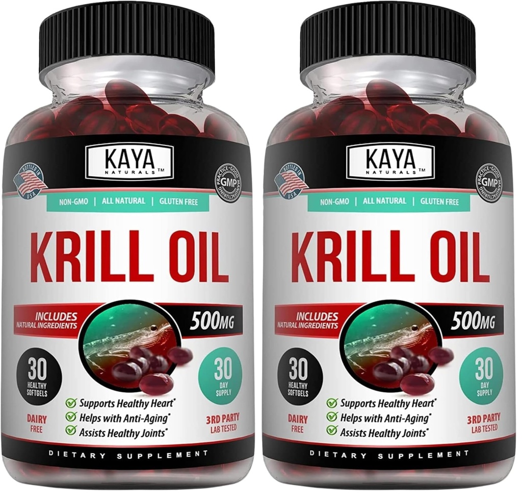 Kaya Naturals - Olio di Krill Antartico 500mg con Omega 3, EPA, DHA, Phospholipids & Astaxanthin Supplement - Brain & Health Vitamin - Anti Aging Supplement - 30 Count Softgels (Pack of 2)