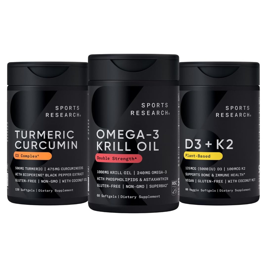 Ricerca sportiva Olio Antartico Krill Omega 3 1000mg (con Phospholipids, Choline & Astaxanthin), Curcumina C3 complesso (con Bioperine Black Pepper & Coconut Oil) & Plant Based Vitamin D3 + K2