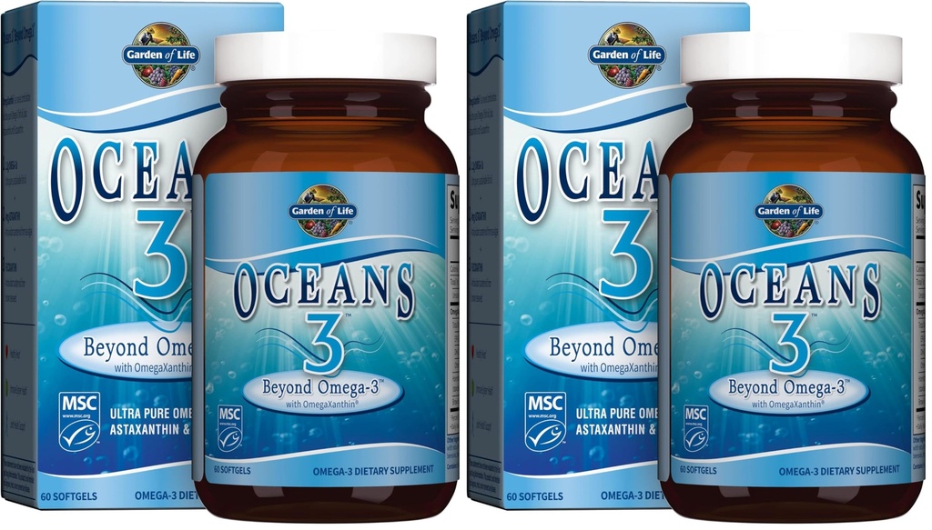Giardino della vita Oceani 3 Oltre Omega-3 con OmegaXanthin, EPA, DHA Supplementi, Olio di pesce con 1200 mg Omega 3, Astaxanthin & Brown Seaweed Extract - 60 Softgels, (Pack of 2)