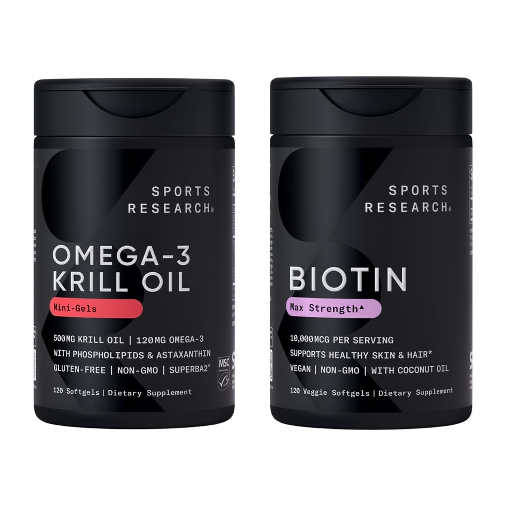 Sport Research® Glow and Flow Pack - Omega-3 Krill Oil 500mg - Pure Antarctic Superba Krill con Phospholipids, Choline & Astaxanthin & Biotin 10.000mcg con olio di cocco biologico (Vitamin B7)