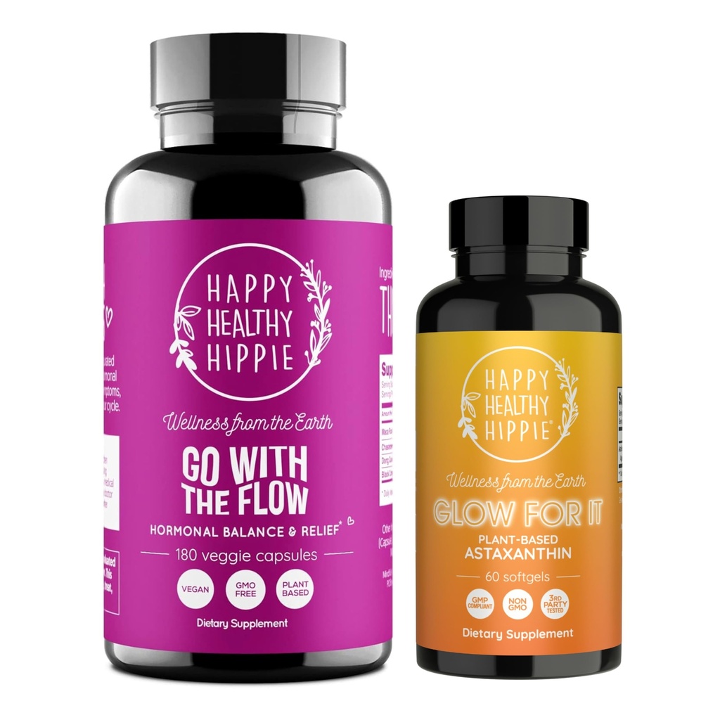 Felice sano Hippie Glow per esso Astaxanthin supplemento & andare con l'equilibrio dell'ormone di flusso per le donne 180ct