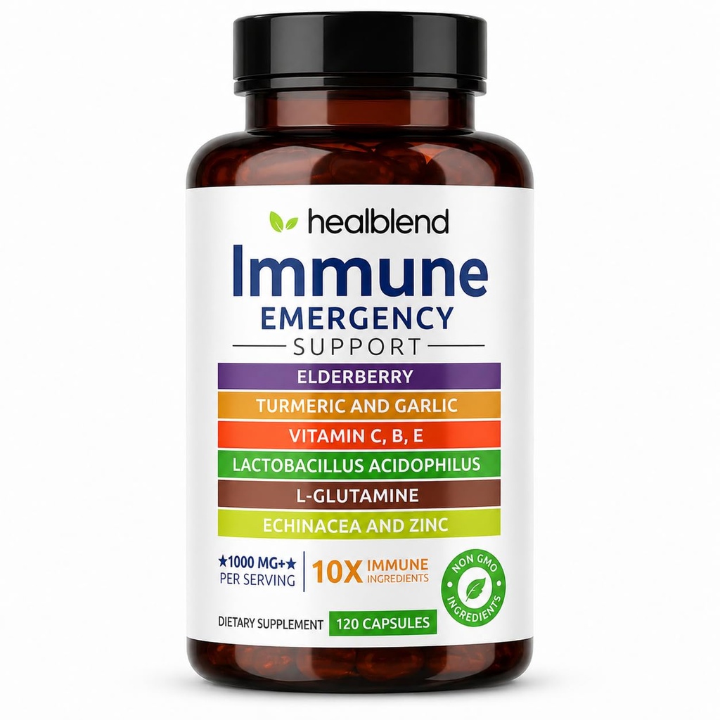 guariblend 10 in 1 Integratore di Supporto Immune Booster con Elderberry, Zinco, Echinacea, Turmerico, Lactobacillus Acidophilus, per Adulti [120 Capsule]