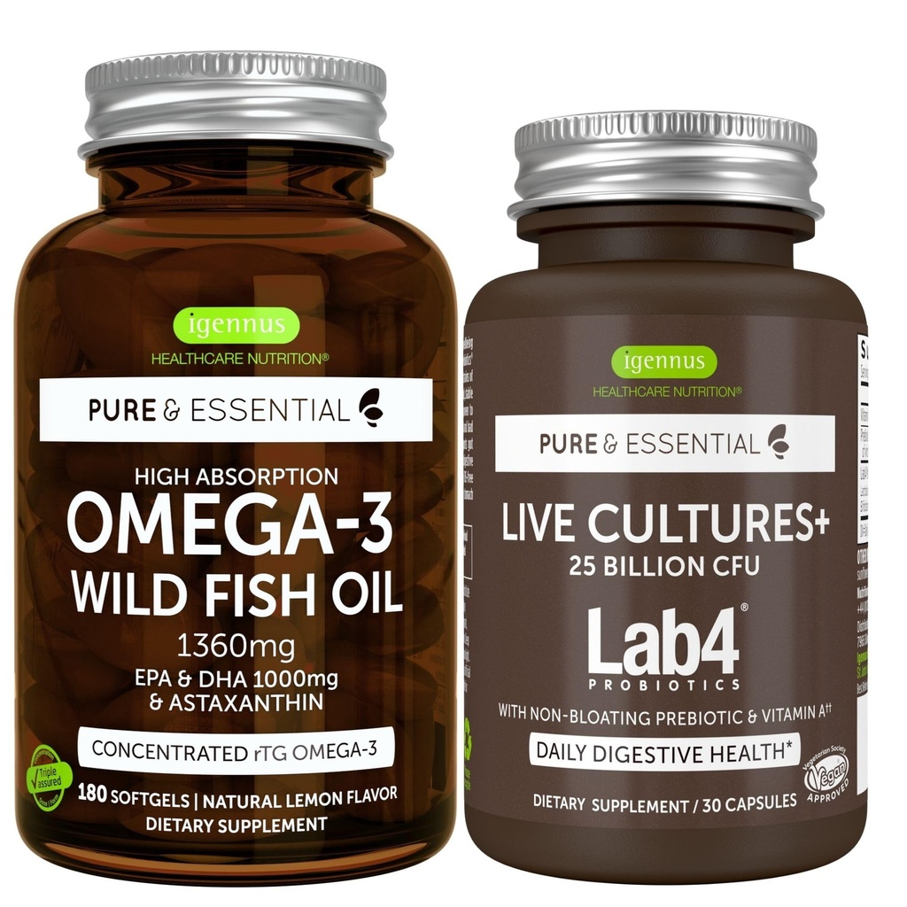 Pure & Essential ad alto assorbimento Omega-3 Wild Fish Oil 1360mg + Culture dal vivo + Lab4 Probiotics Bundle, 1000mg EPA & DHA con Astaxantina + 25 miliardi di CFU Lactobacillus Acidophilus & Bifidobacterium wi