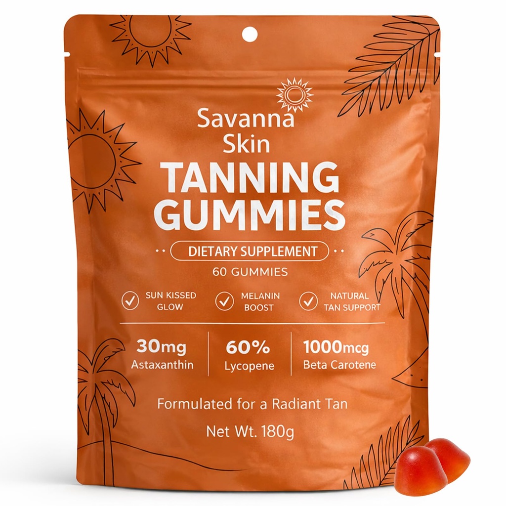Savanna Skin Tanning Gummies, con Vitamina C & E, Astaxanthin, Beta Carotene, Skin Radiance & Hydration for Natural Looking Glow, Bronzing, Non-GMO, Vegan & Sugar Free - 60 Count (1)