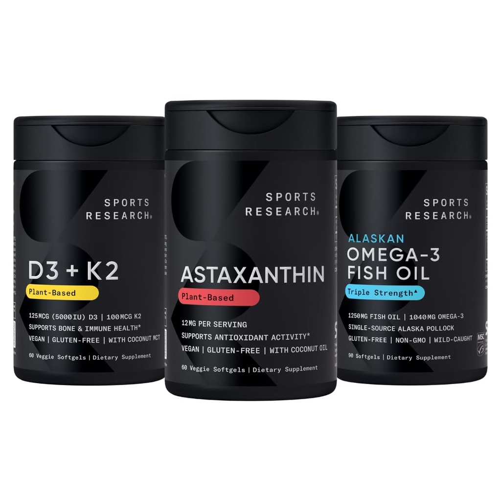 Pacchetto di supporto antiossidante per la ricerca sportiva® w/Triple Strength Vegan Astaxantina Supplemento da Alghe, Omega-3 Fish Oil 1250mg, e Vitamina D3 5000iu & Mk7 Vitamin K2 con Coconut MCT Olio