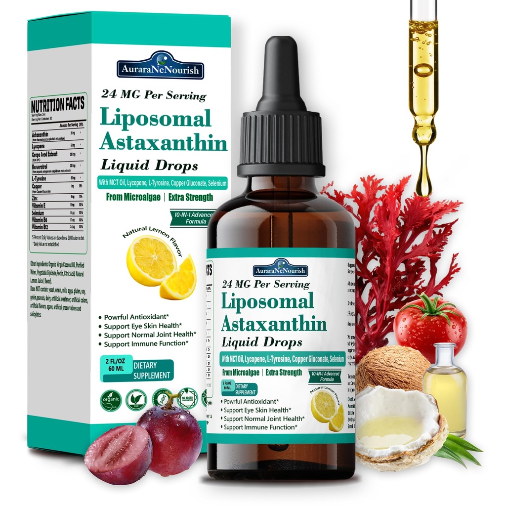 Liposomal Astaxanthin 24mg Gocce liquide, antiossidante 11-in-1 con olio MCT, licopene e olio di cocco organico, fresco Microalgae Fonte, Supporta la salute congiunta della pelle dell'occhio per le donne e gli uomini, aromi di limone
