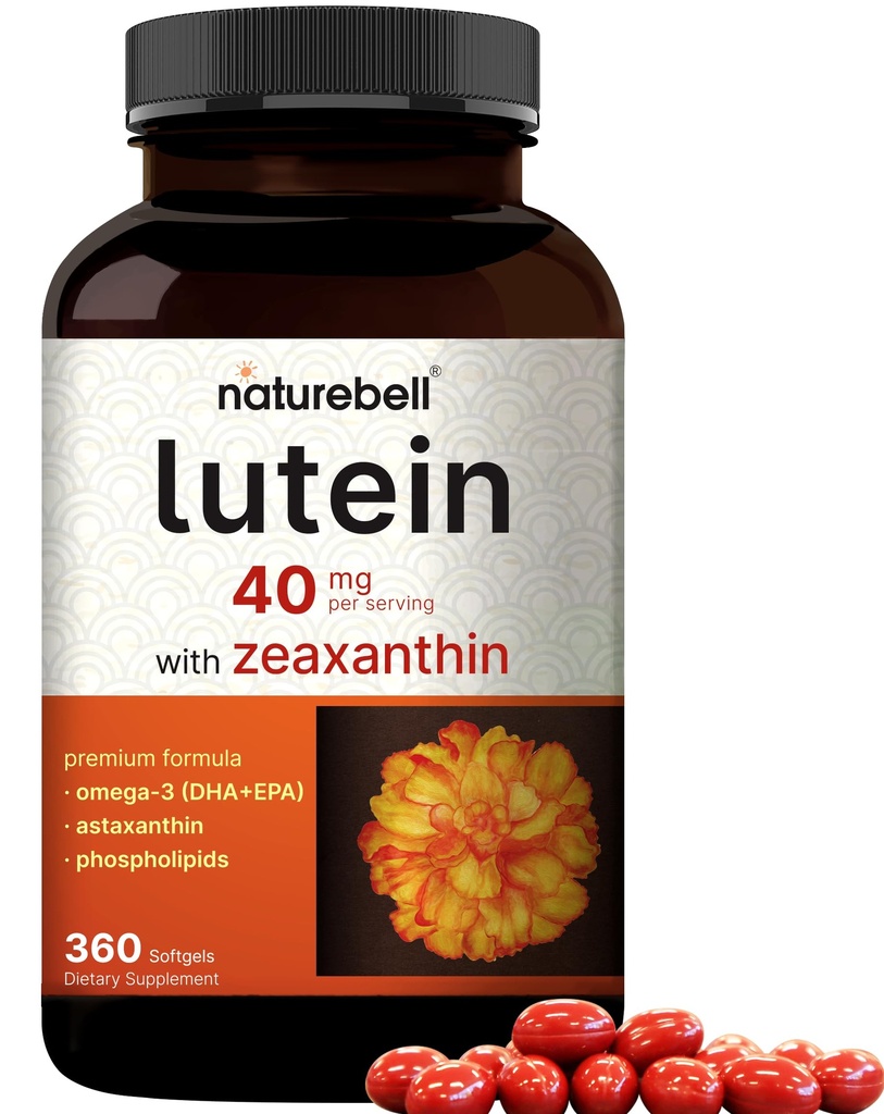 Lutein 40mg + Zeaxanthin 1.600mcg, 360 Softgels | Formula 4-in-1 con Astaxanthin, Omega-3 & Phospholipids | Estratto di fiori di Marigold | Supporta la salute dell'occhio, del cervello e della visione | Non OGM, senza glutine