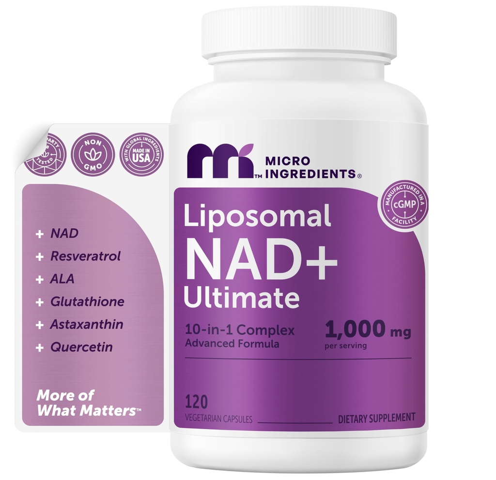Micro ingredienti Liposomal NAD+ Ultimate Complex 1.000mg | 120 capsule vegetali | NMN Pathway Formula | 10-in-1 con Resveratrolo, Glutathione, & Astaxanthin | NAD Supplemento per donne e uomini