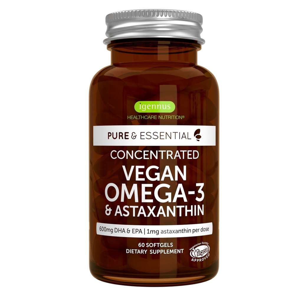Olio di alghe naturali Igennus Vegan Omega-3, DHA & EPA, Integratore di acido grasso a base vegetale, con antiossidante di astaxantina, 60 piccoli softgel, 2 al giorno, 30 Serve