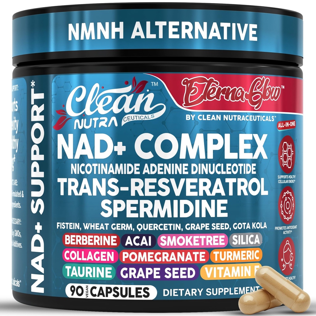 NAD Resveratrolo Supplemento Spermidina Fisetin Quercetin Uva Seed Gotu Kola Berberine Astaxanthin Taurine Pomegranate Acai Anti Aging Longevity Capsule per le donne Uomini EternaGlow da Clean Nutra 90ct