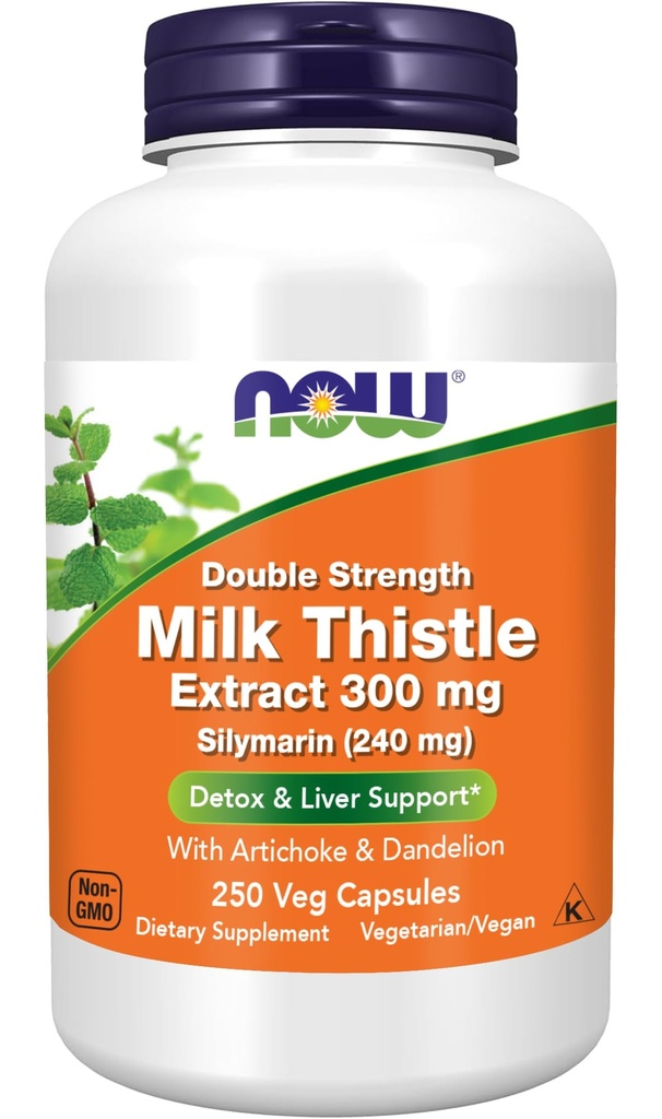 NOW Integratori alimentari, Silymarin Milk Thistle Extract 300 mg con Artichoke e Dandelion, Doppia resistenza, Supporta la funzione del fegato*, 250 capsule di veg (1)