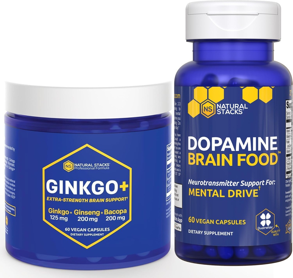 NATURAL STACKS Ginkgo Biloba + Dopamine Brain Food Bundle - Supporta Focus & Mental Drive* - 120 Capsule Totali