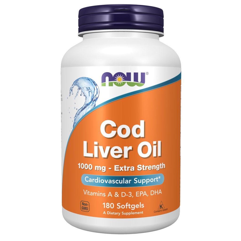 NOW Integratori alimentari, Cod olio di fegato, Extra Forza 1.000 mg con Vitamine A & D-3, EPA, DHA, 180 Softgels