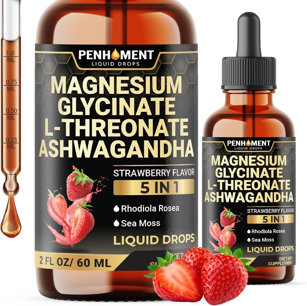 5in1 Magnesio Glycinate Gocce Liquide con Estratto di Ashwagadha, Magnesio L-Threonate, Rhodiola Rosea, Moss Mare - Supporto e Immune - 2 Fl Oz - Alimentazione 30-Giorni - Sapore di fragola
