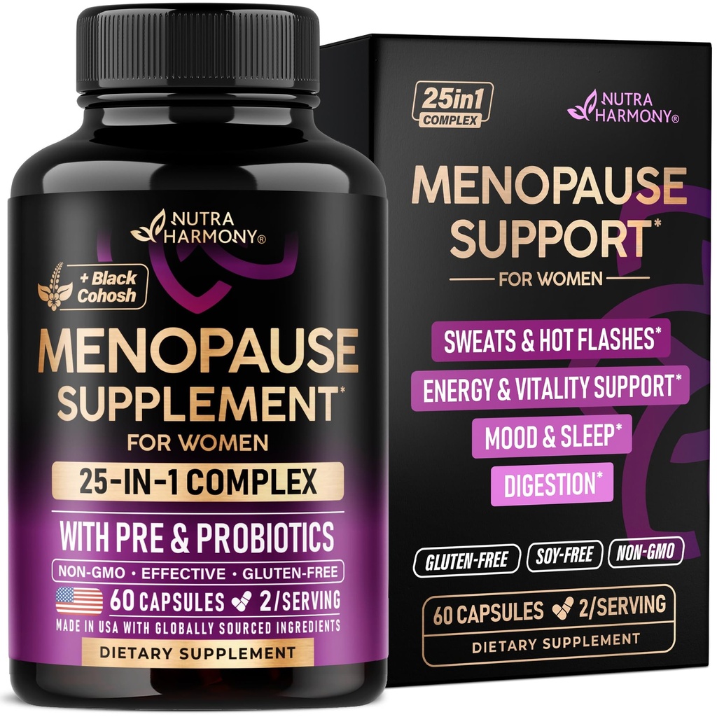 Menopausa Supplementi per le donne - Dong Quai, Nero Cohosh, Pre & Probiotics - Sweats & Hot Flashes Relief - Digestione, Sleep & Mood Support - 25-in-1 Perimenopause Complex - Made in USA - 60 Capsule