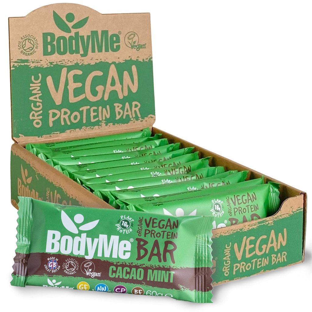 BodyMe Organic Vegan Protein Bar | Raw Cacao Mint | Box di 12 x 2.12oz (60g) | con 3 Proteine vegetali