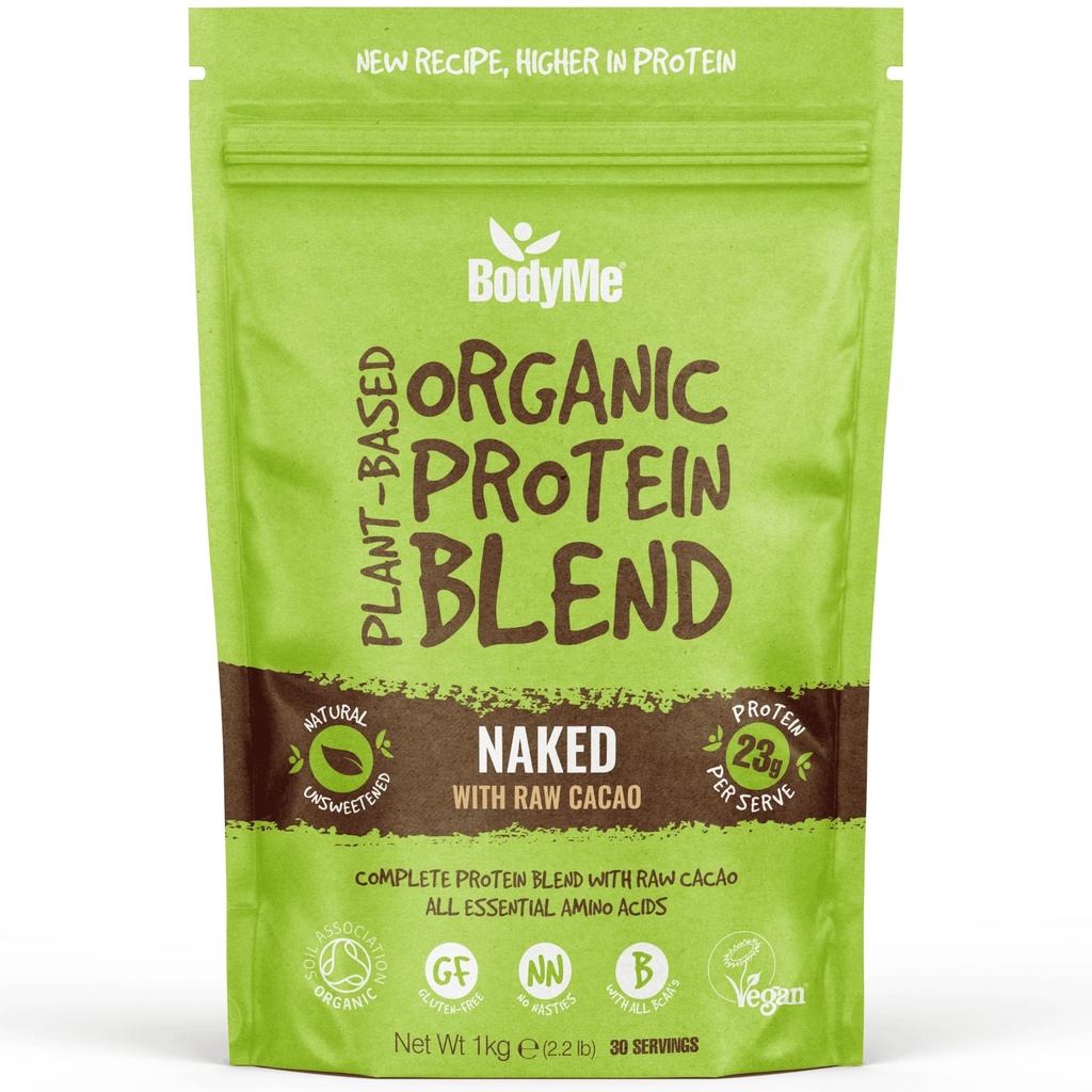 BodyMe Organic Vegan Protein Powder Blend | Raw Cacao | 2.2lb 1kg | UNSWEETENED con 3 Proteine vegetali