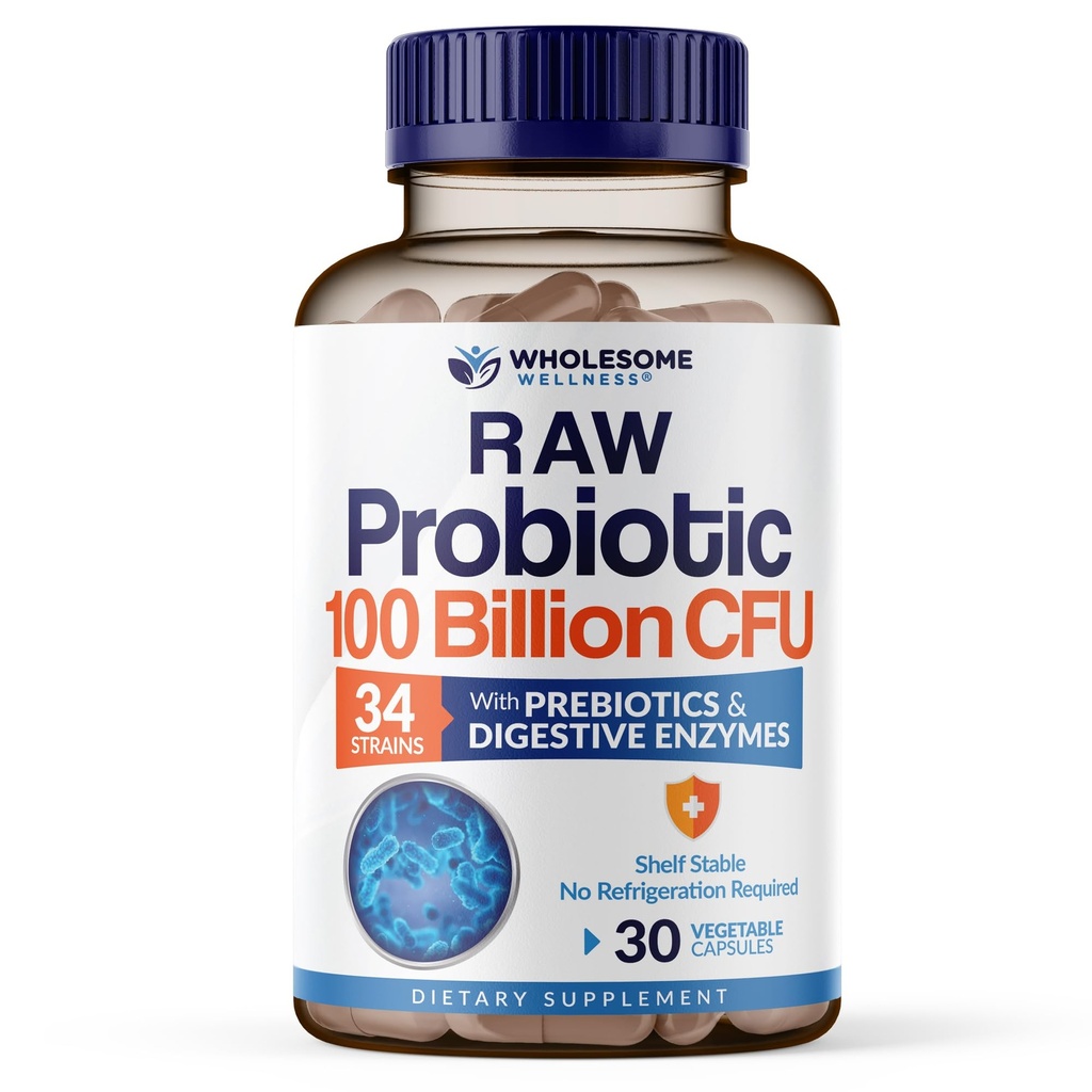 Probiotici crudi organici di tutto benessere 100 miliardi di CFU, Dr Formulato per le donne e gli uomini, Supplemento adulto completo con prebiotici e enzimi digestivi; 30 capsule, Shelf Stable