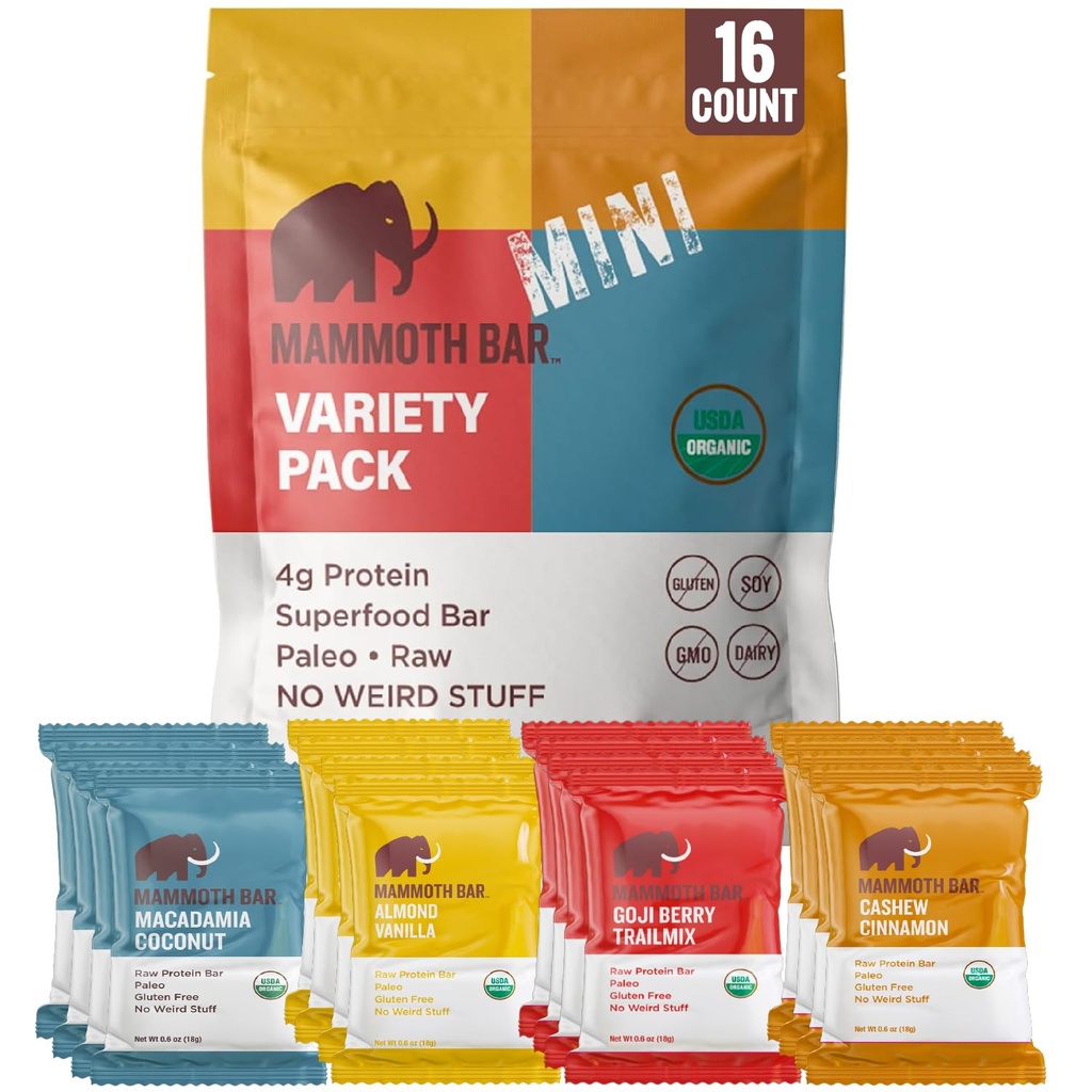 Mammoth Bar Mini - Variety Pack delle nostre Mini Organic Protein Bars – Realizzate con Premium Nuts & Egg White Protein • Organic • Paleo • Gluten Free • GMO Free • Raw - 16 Mini Bar