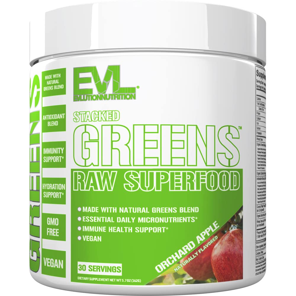 Evlution Nutrition Stacked Greens - Superfood crudo - Made with Natural Greens Blend + Essential Daily Micronutrients - Immunity + Hydration Support - Vegan & GMO-Free - 30 Servings - Orchard Apple