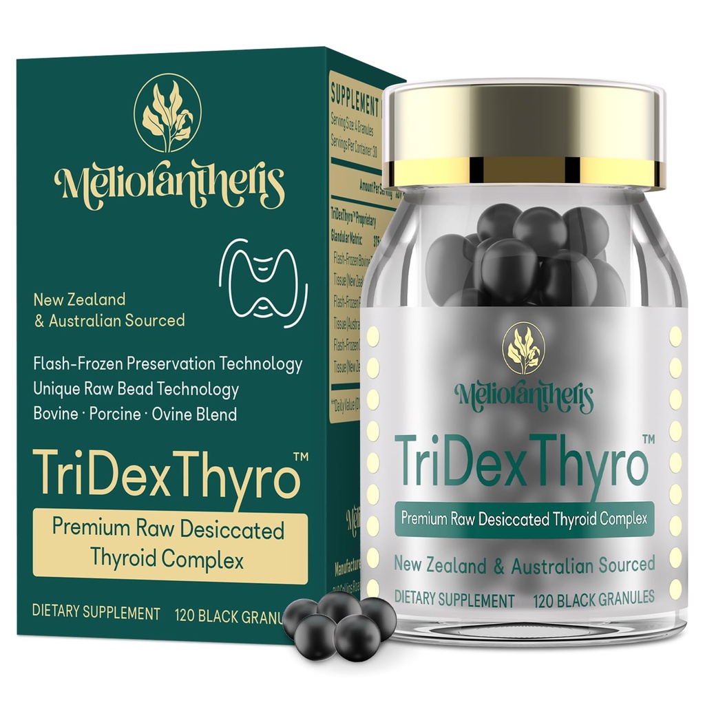 Supplemento tiroideo – TriDexThyroTM Raw Desiccated Thyroid Complex 375 mg con Bovine, Porcine & Ovine – 120 capsule per le donne e gli uomini(1 pacchetto)