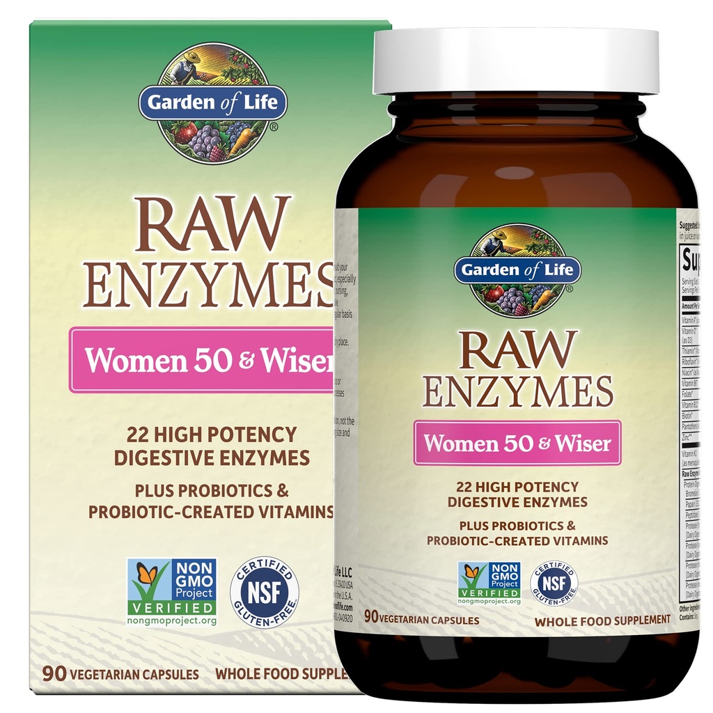 Giardino della vita 22 Enzimi digestivi per le donne 50 & Over con Bromelain, Papain & Lactase plus Probiotics & Vitamins B12, Biotin & Zinc – Enzimi RAW – Non OGM, Gluten-Free, Vegetariano, 90 capsule