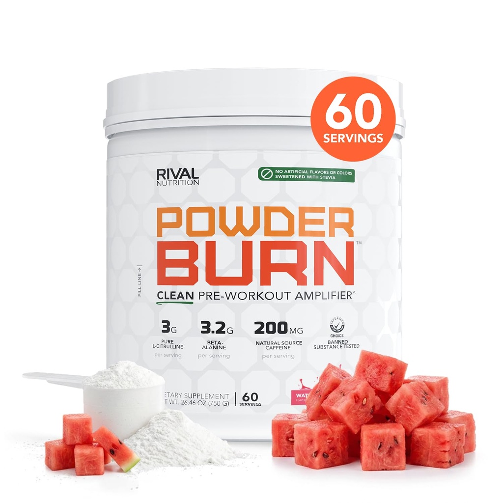 Polvere RIVAL NUTRITION Brucia la polvere di energia pre-allenamento per gli uomini e le donne I Watermelon Candy, 60 Servings | Clean Ingredienti I 3g L-Citrulline, 3.2g Beta-Alanina e 200 mg di caffeina naturale per il servizio