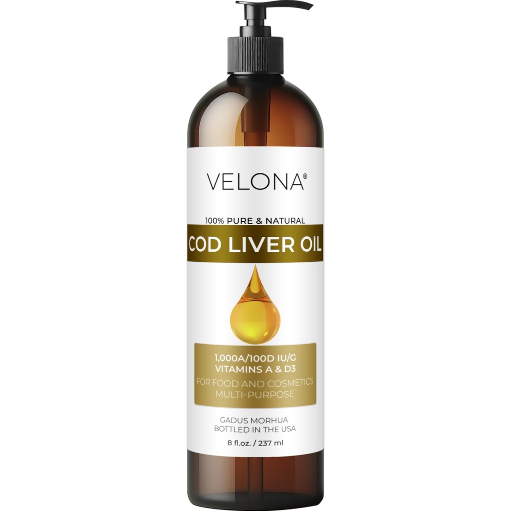velona Cod Liver Oil - 8 Fl Oz | 1.000A/100D IU/g Omega 3 Vitamine A & D3 | Norvegese Artico Sostenibilmente Fonte Nordic Oil | Capelli, Corpo e Cura della Pelle | Usa oggi - Godetevi i risultati