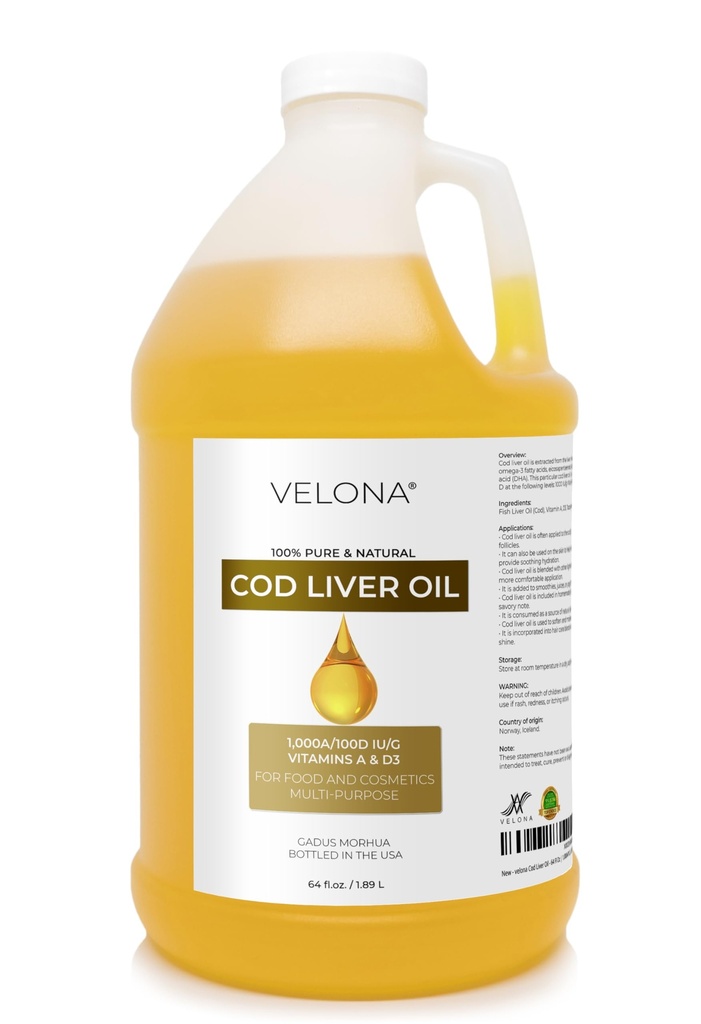 velona Cod Liver Oil - 64 Fl Oz | 1.000A/100D IU/g Omega 3 Vitamine A & D3 | Norvegese Artico Sostenibilmente Fonte Nordic Oil | Hair, Body and Skin Care | Usa oggi - Godetevi i risultati