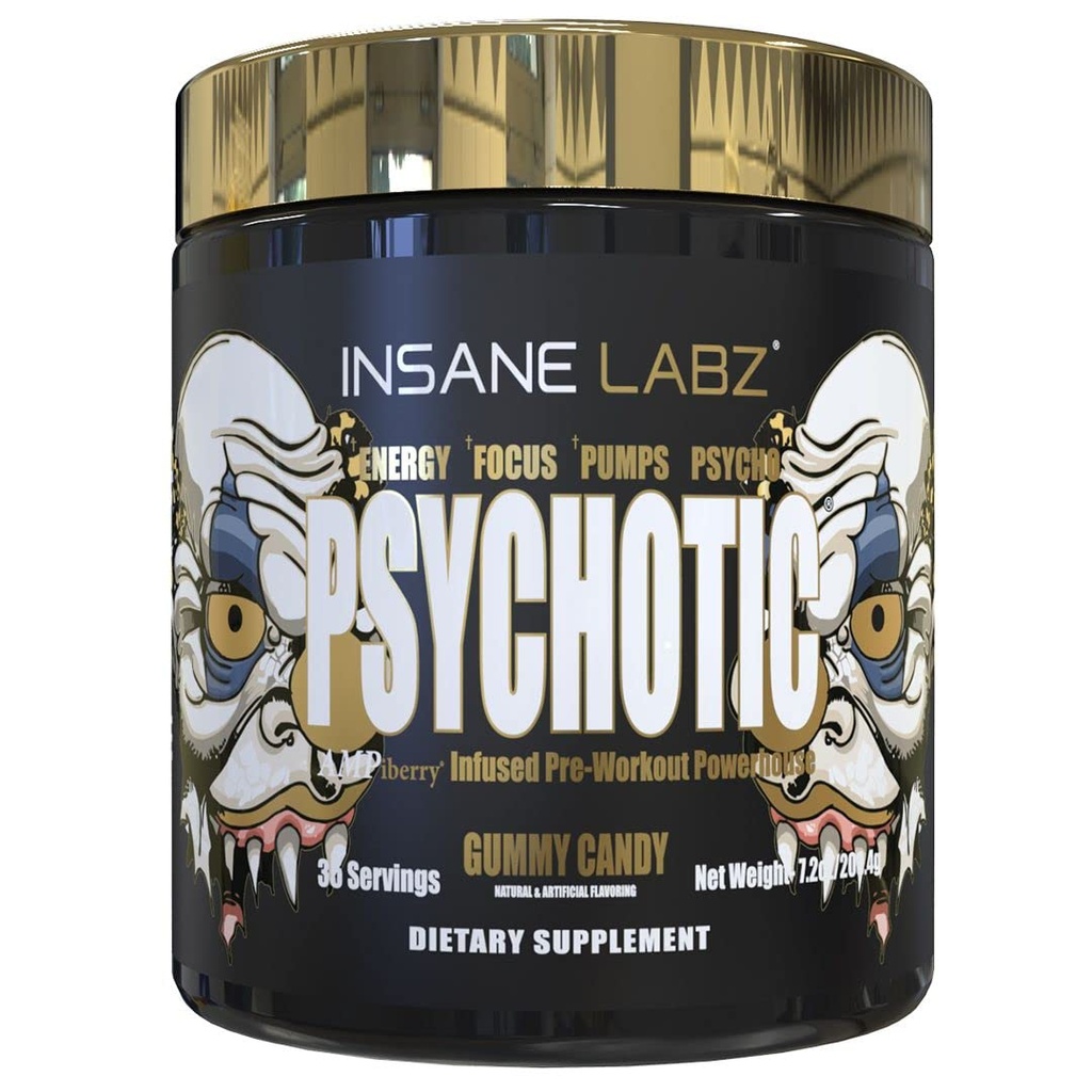Insane Labz Psychotic Gold, High Stimulant Pre Workout Powder, Extreme Lasting Energy Focus, Pompe e Endurance con Beta Alanine, DMAE Bitartrate, NO Booster (35 Serve, Gummy Candy)