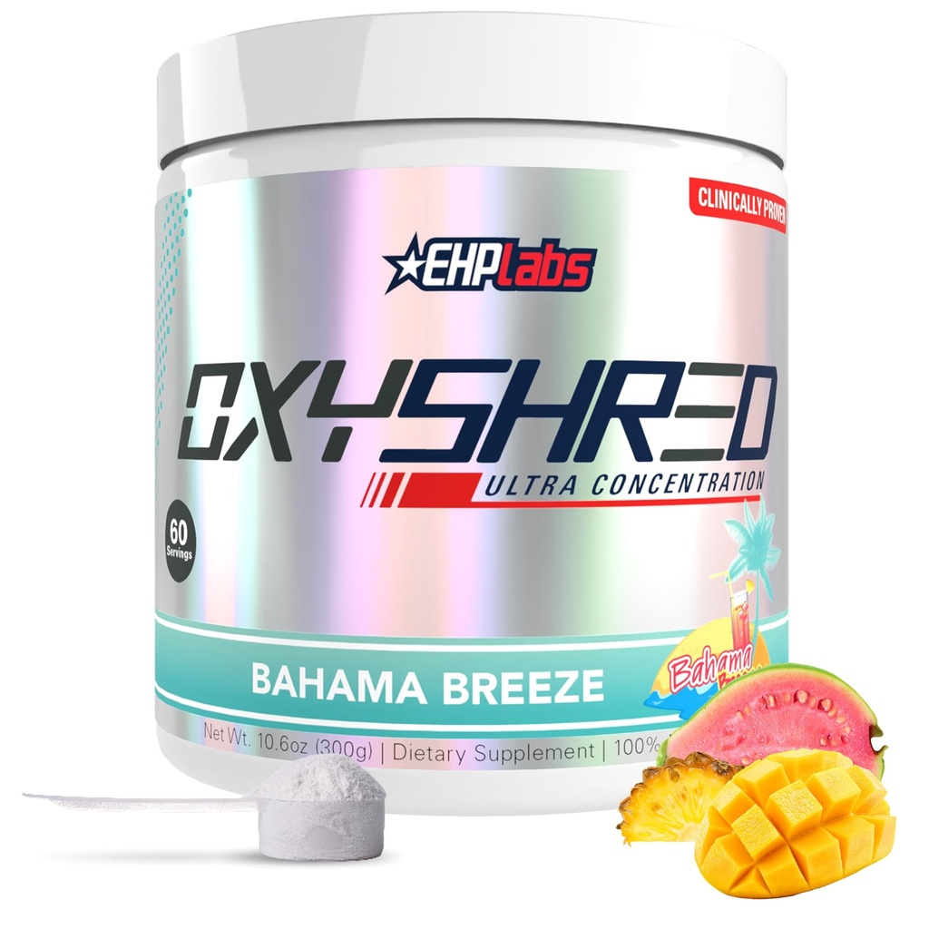 EHP Labs OxyShred Pre Workout Powder - Polvere pre-allenamento con L Glutamine & Acetyl L Carnitina, Energy Boost Drink - Bahama Breeze/Beach, 60 Serve