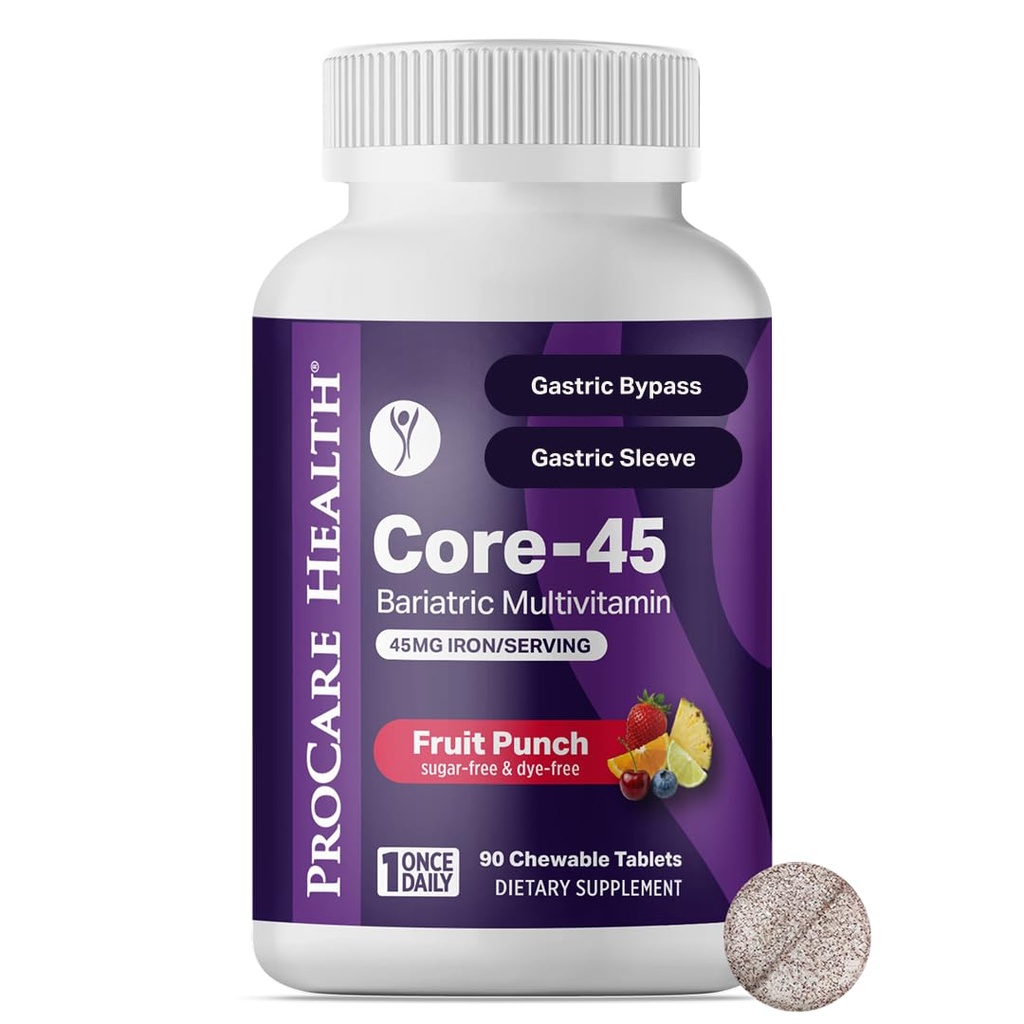 Procare Health Bariatric Multivitamin con Iron 45mg Chewable (30 compresse) - Fruit Punch Flavor Bariatric Multivitamin Chewable Pills for Gastric Bypass & Maniche Gastrectomy Pazienti (01 mesi di fornitura)