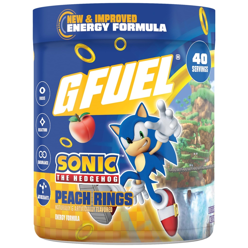 G Fuel Sonic 2.0 Energy Drink Powder, Pre Workout Caffeine Mix for Gaming, Sugar Free Focus Amino, Vitamina + Antiossidanti, 9.8oz (Peach Ring Candy, 40 Servings)
