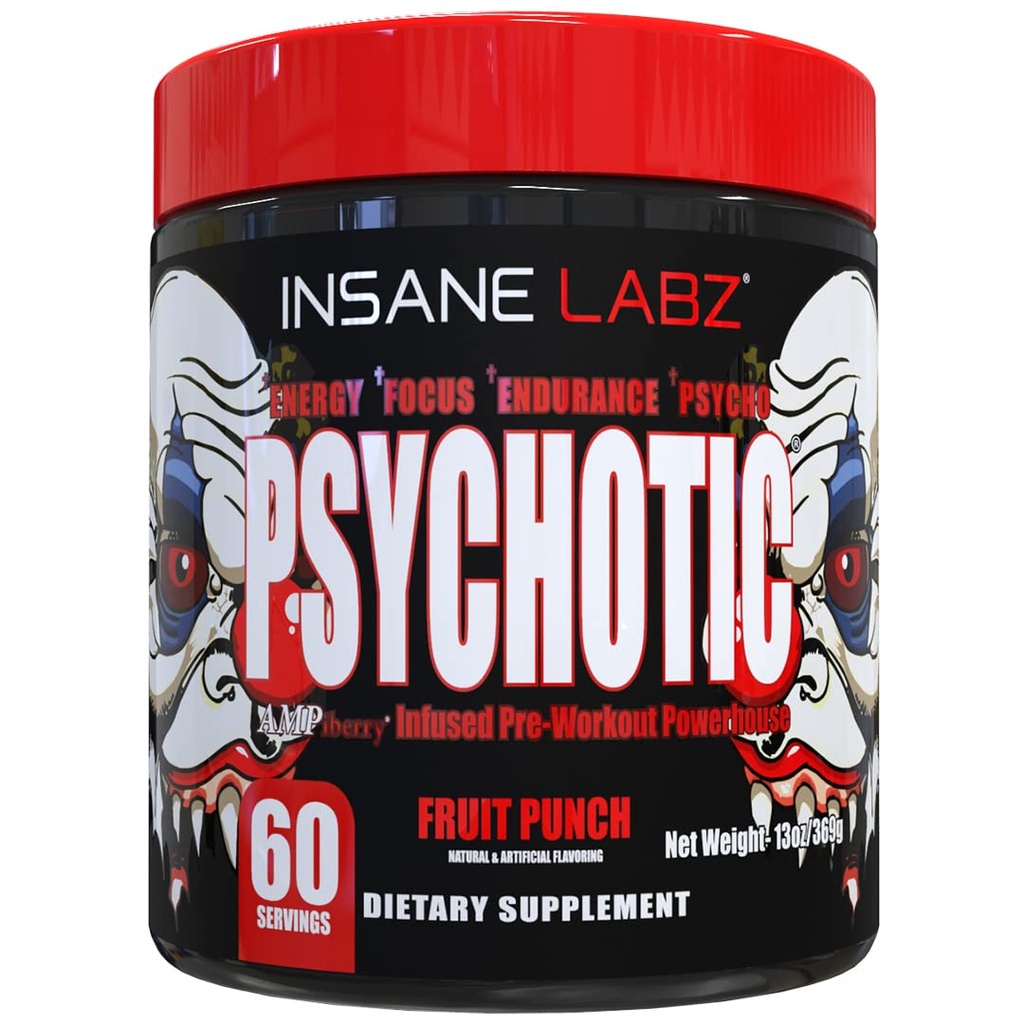 Insane Labz Psicotica, Polvere pre allenamento ad alto livello, estrema energia di ultimazione, messa a fuoco e resistenza con Beta Alanine, Monoidrato di Creatina, DMAE, 60 Srvgs, Punch di frutta