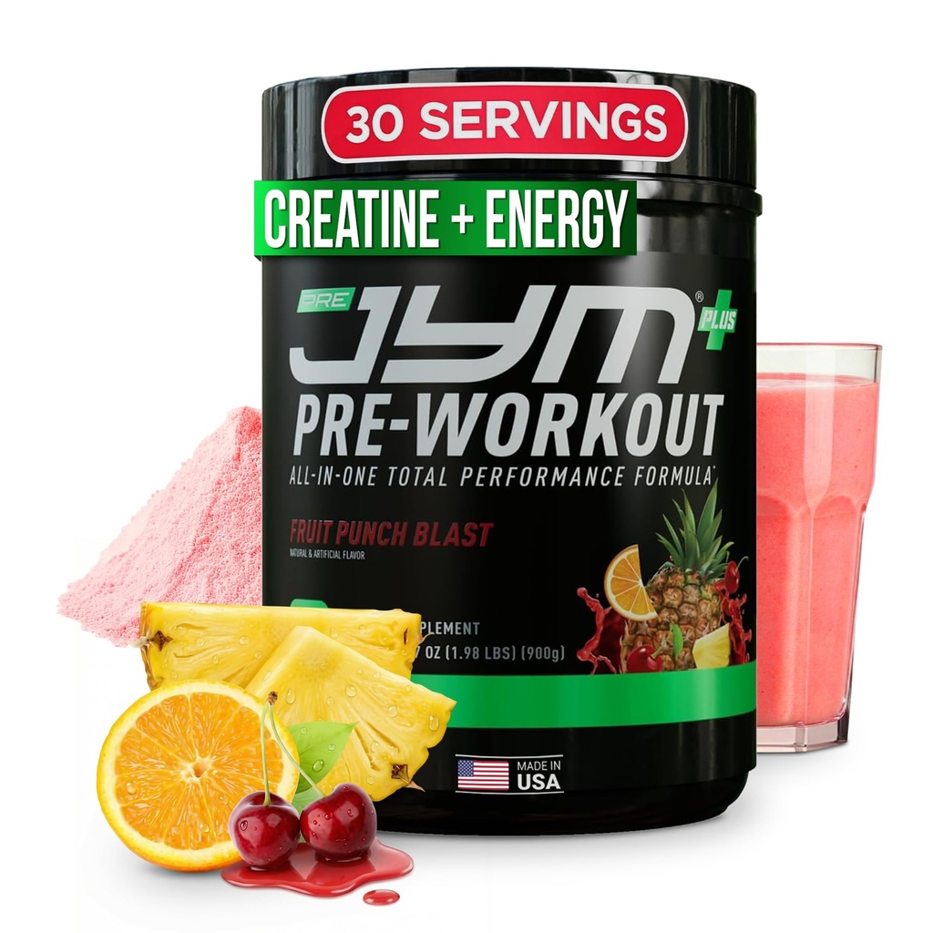 JYM Supplement Science Pre JYM Plus Fruit Punch Pre-Workout Polvere, Amino Nitrati, Creatina, Betaina, Nootropics, BCAA, per uomini e donne, 30 Serve