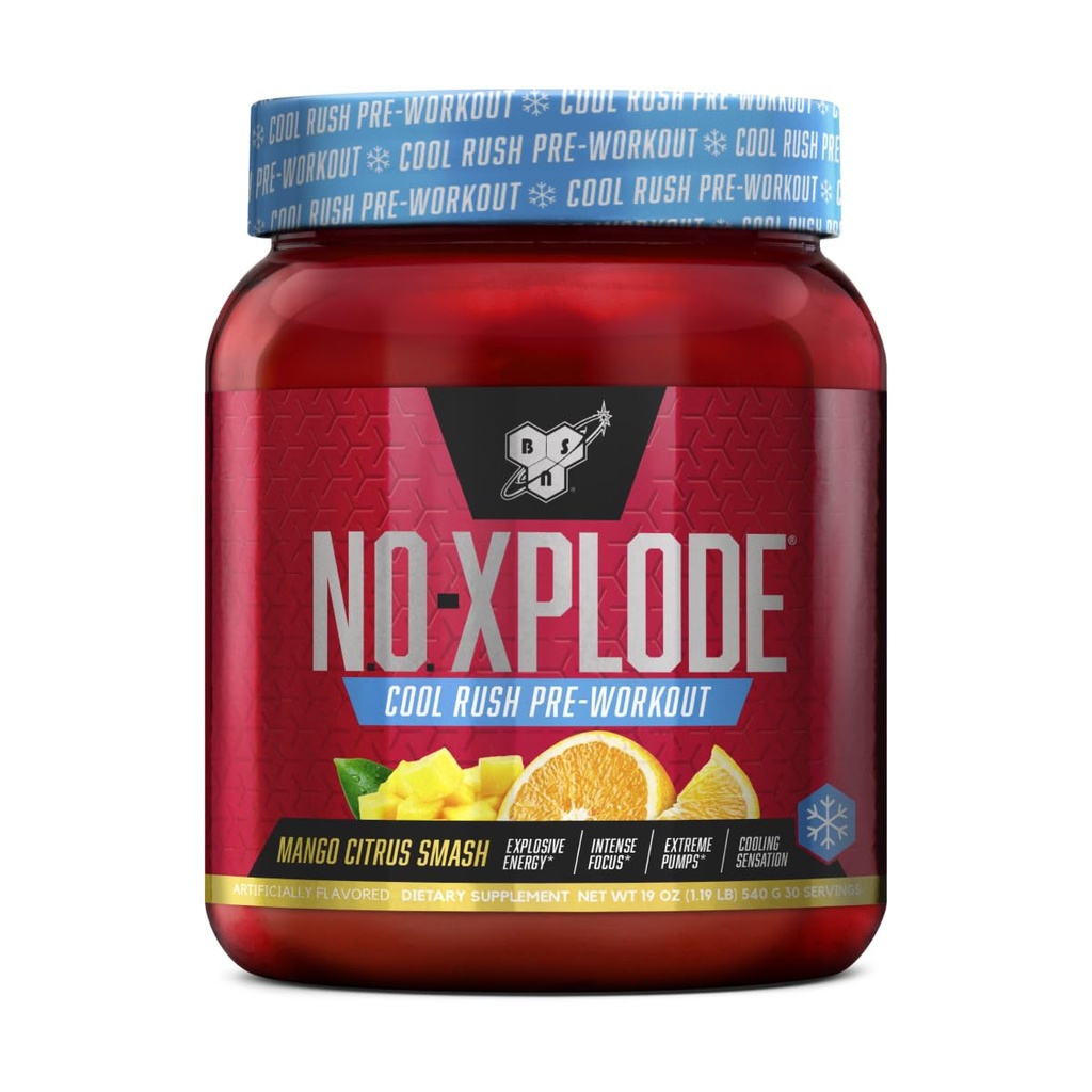 BSN N.O.-XPLODE Cool Rush Pre Workout Powder, Preworkout Energy Supplement per gli uomini e le donne con Creatina e Beta-Alanine, Mango Citrus Smash, 30 Serve, 1.2 Pound (Packaging May Vary)