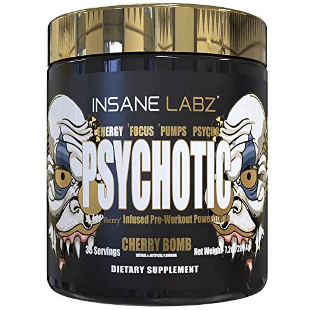Insane Labz Psychotic Gold, High Stimulant Pre Workout Powder, Extreme Lasting Energy Focus, Pompe e Endurance con Beta Alanine, DMAE Bitartrate, NO Booster (35 Serve, Cherry Bomb)
