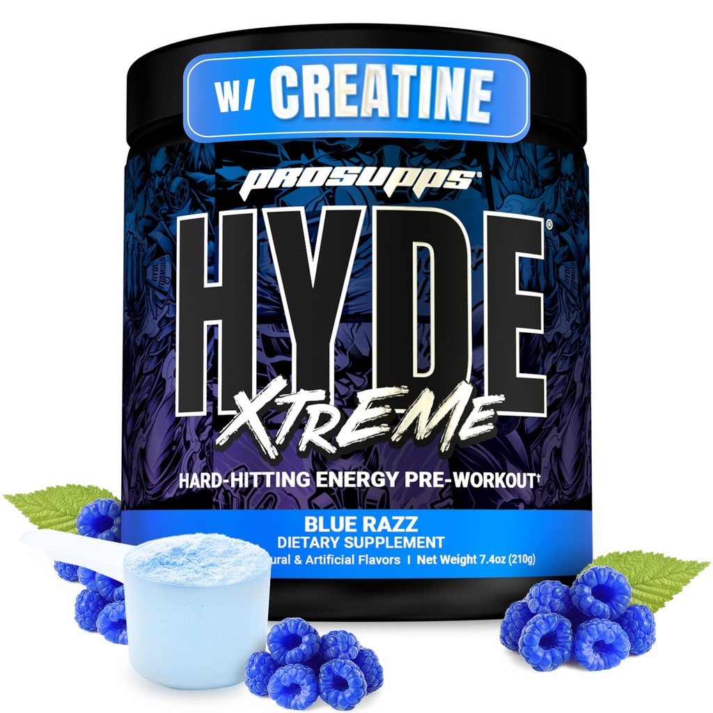 ProSupps Mr. Hyde Xtreme Pre Workout Polvere con Creatina, Beta Alanine & Caffeina – Estrema energia, Pompe, Focus & Performance - Integratori Fitness & Gym per Uomini e Donne (Razz Blu, 30 Serve)