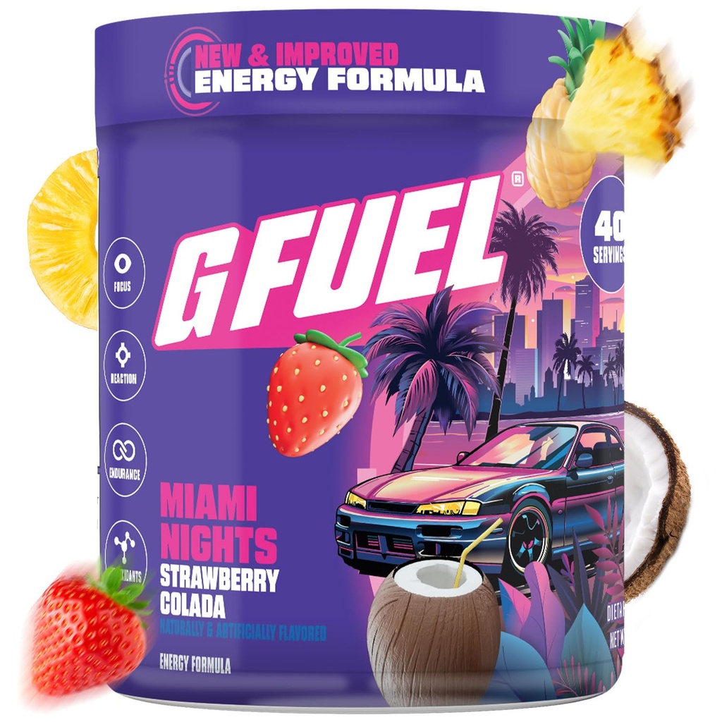 G Fuel Miami Nights 2.0 Energy Drink Powder, Pre Workout Caffeine Mix for Gaming, Sugar Free Focus Amino, Vitamin + Antiossidanti, 8.7oz (Strawberry Pina Colada, 40 Servings)