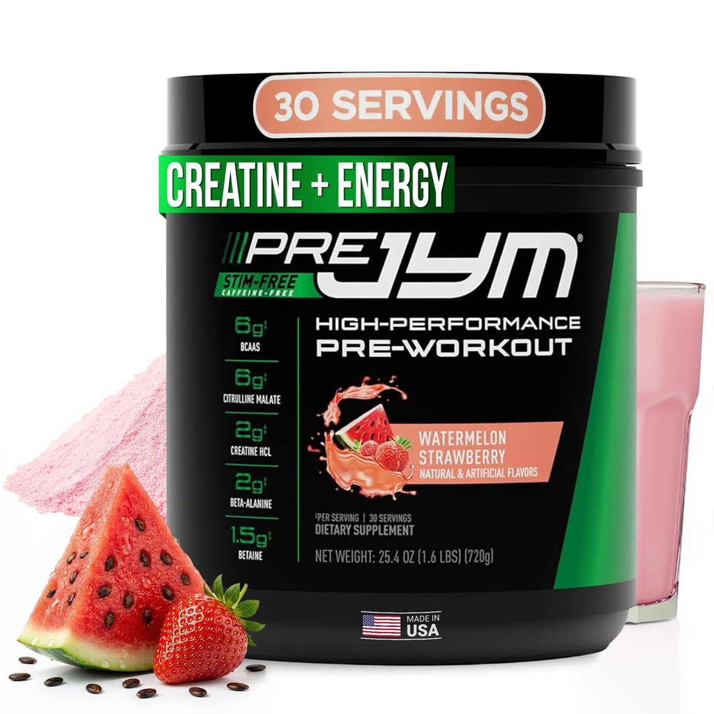 Pre JYM Stim Free Watermelon Strawberry Pre-Workout Powder, Creatina, No Caffeina, Citrulline, Betaine, BCAA, Taurina, Alpha-GPC, Huperzine, 30 Servings