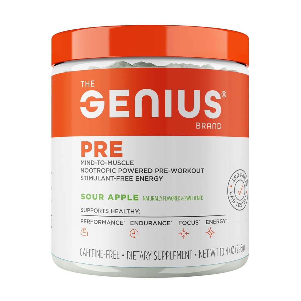 Polvere di allenamento di Genius Pre, Mela acida - All-Natural Nootropic Pre-Workout & Caffeine-Free Nitric Oxide Booster Supplemento con Beta Alanine & Alpha GPC - Nessun aroma artificiale, dolcificanti, o Dyes