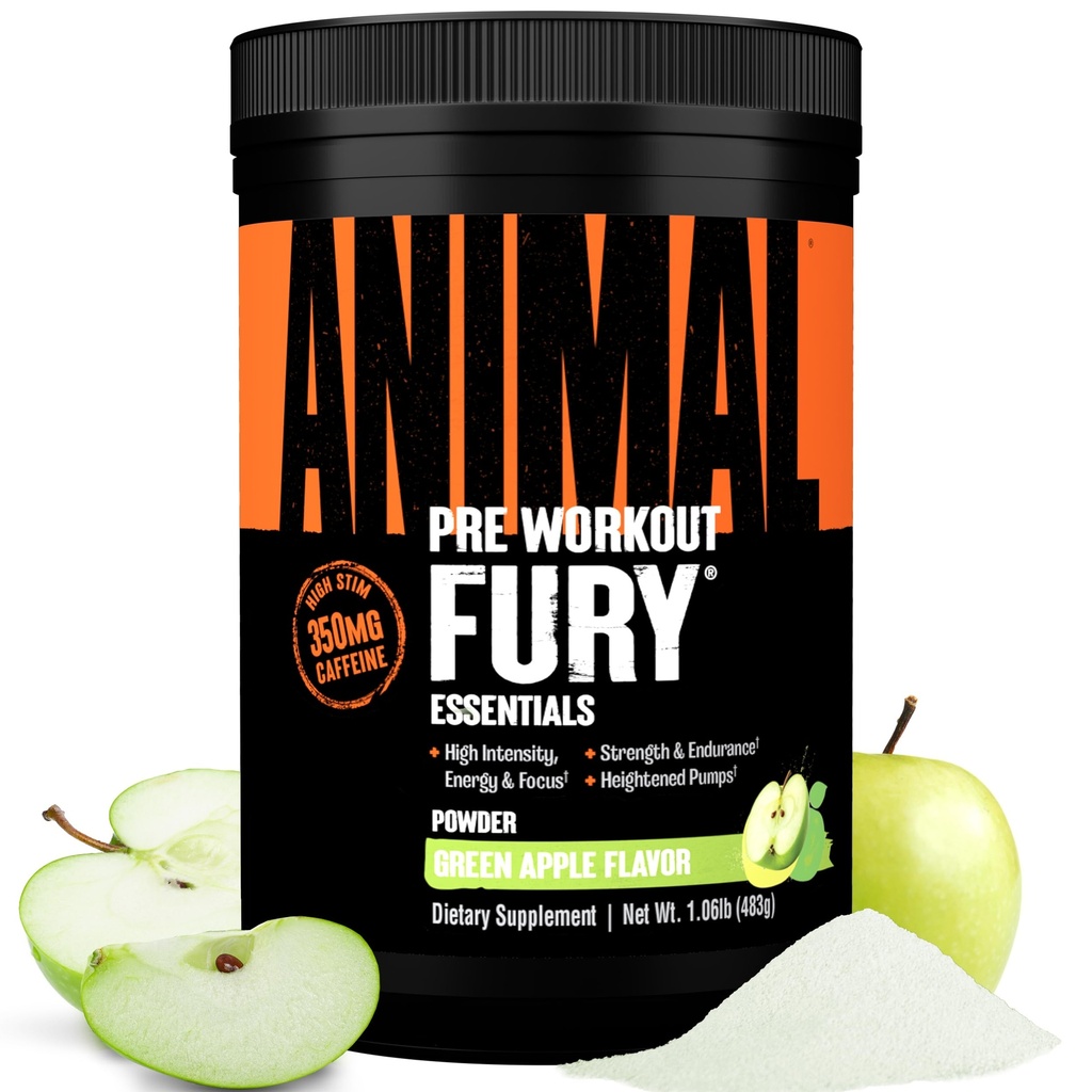 Animal Fury Pre Workout Powder - Mela Verde, 350 mg di caffeina, aminoacidi BCAA, 2g Beta Alanina, Citrullina & tirosina, energia, messa a fuoco, resistenza, resistenza, preallenamento per gli uomini e le donne, 30 Servings