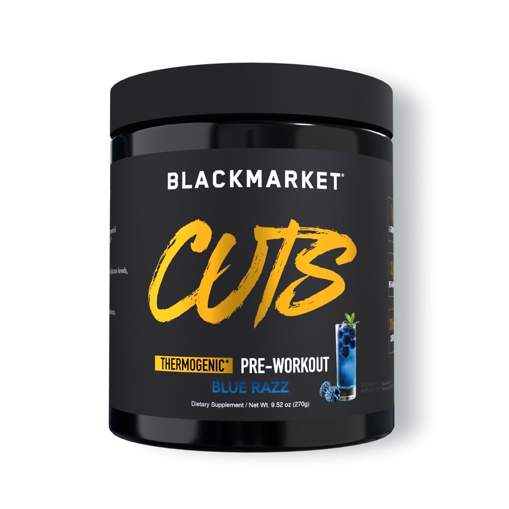 BLACKMARKET CUTS Pre Workout - Miscela di bevanda a base di energia aromatizzata per gli uomini e le donne, Grande per la definizione del muscolo, Termogenico, Creatina libero, (Razz blu, 30 Serve)