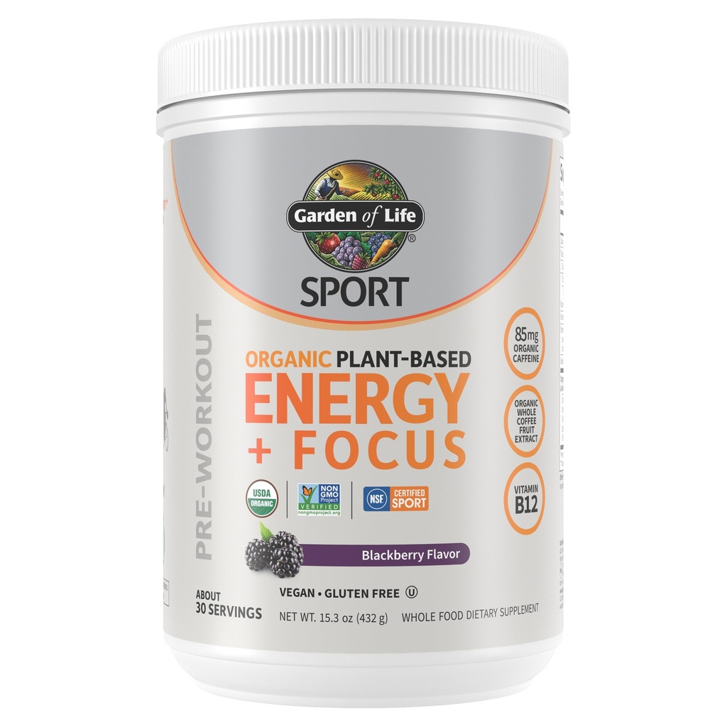Garden of Life Sport Organic Plant Based Energy + Focus Clean Pre Workout Powder, con 85 mg di caffeina, Naturale No Booster, B12, Vegan, Gluten Free, Non OGM, BlackBerry, 15.3 Oz