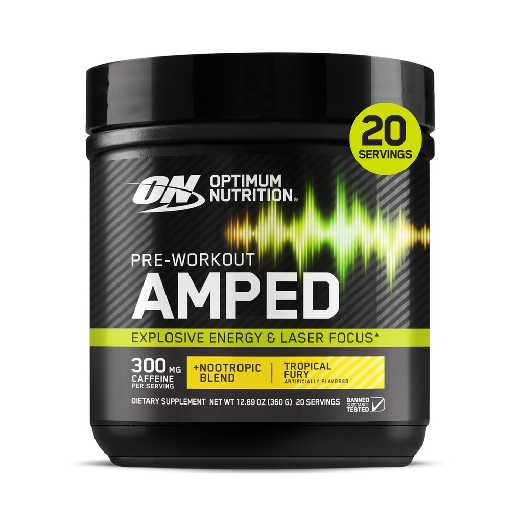 Optimum Nutrition Amped Pre-Workout, con Citrulline, Beta-Alanine, Nootropics e 300mg di caffeina per l'energia, Furia tropicale, 20 Serve (Packaging May Vary)