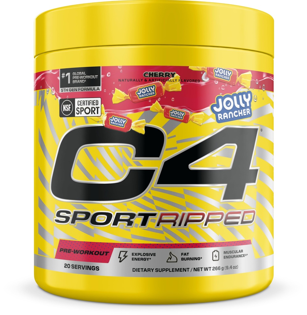 C4 Sport Ripped Pre Workout Powder - Jolly Rancher Cherry - NSF Certificato per lo sport - Elite Hydration - 200mg Caffeina + Creatina + Beta-Alanine - Elettroliti ed Energia - 20 Serve