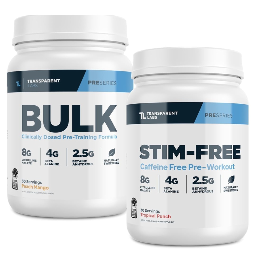 Labs trasparenti Bulk Pre-Workout (30 Serve, Peach Mango) & Stim-Free Pre-Workout (30 Serve, Punch tropicale)
