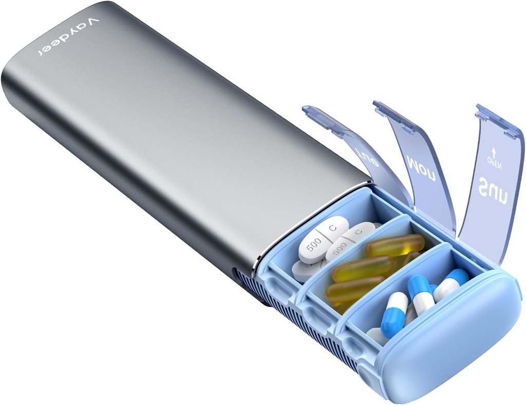 Vaydeer Metal Travel Pill Organizer, 7 Day Weekly Pill Box, Grande capacità Daily Cute Pill Case per Supplementi, Pillole, Vitamine e Farmaci (Small,Gunmetal)